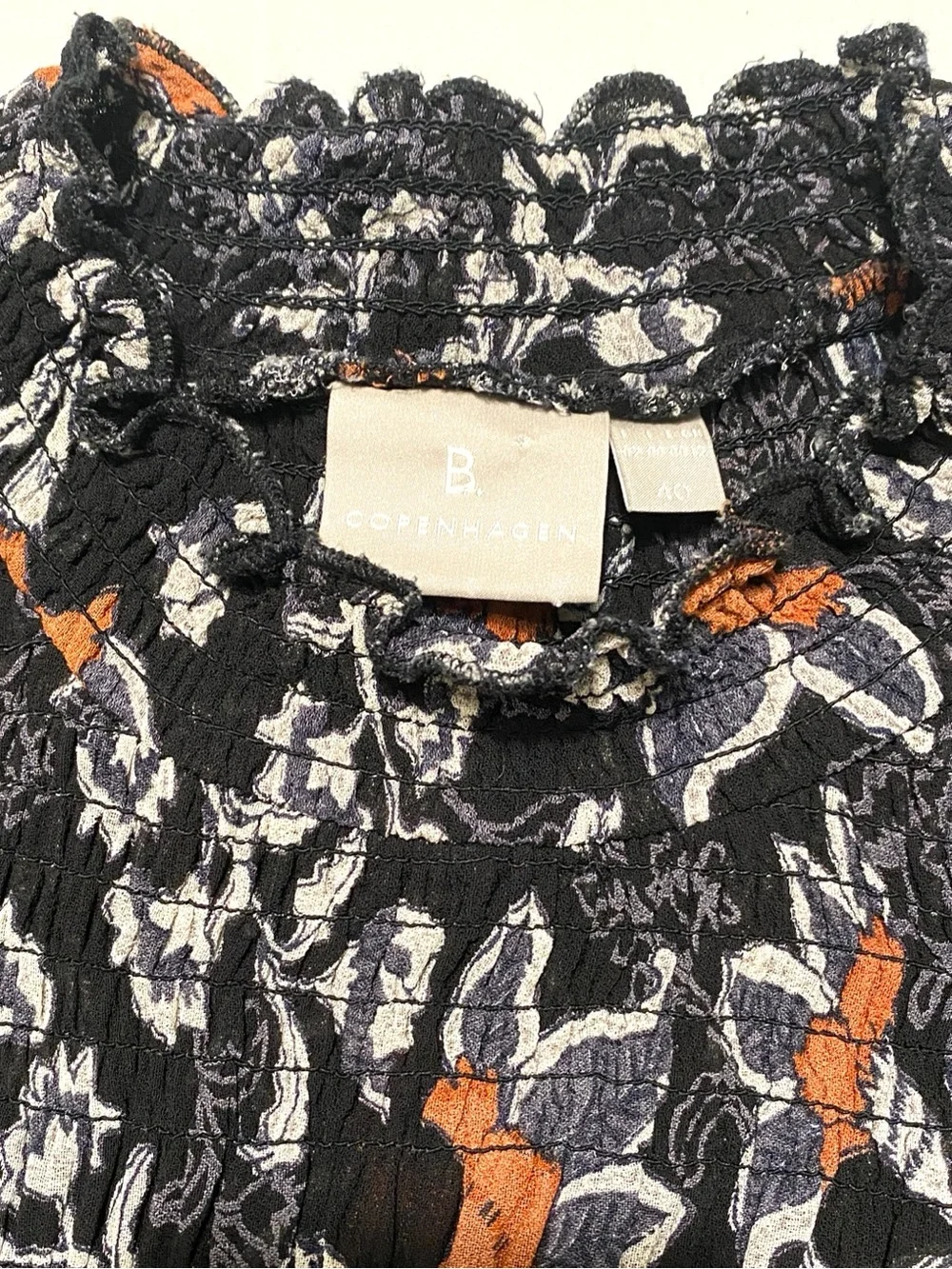 B. Copenhagen Floral Smocked Neck Sheer Blouse Black Burnt Apricot Paisley US M - Picture 8 of 14